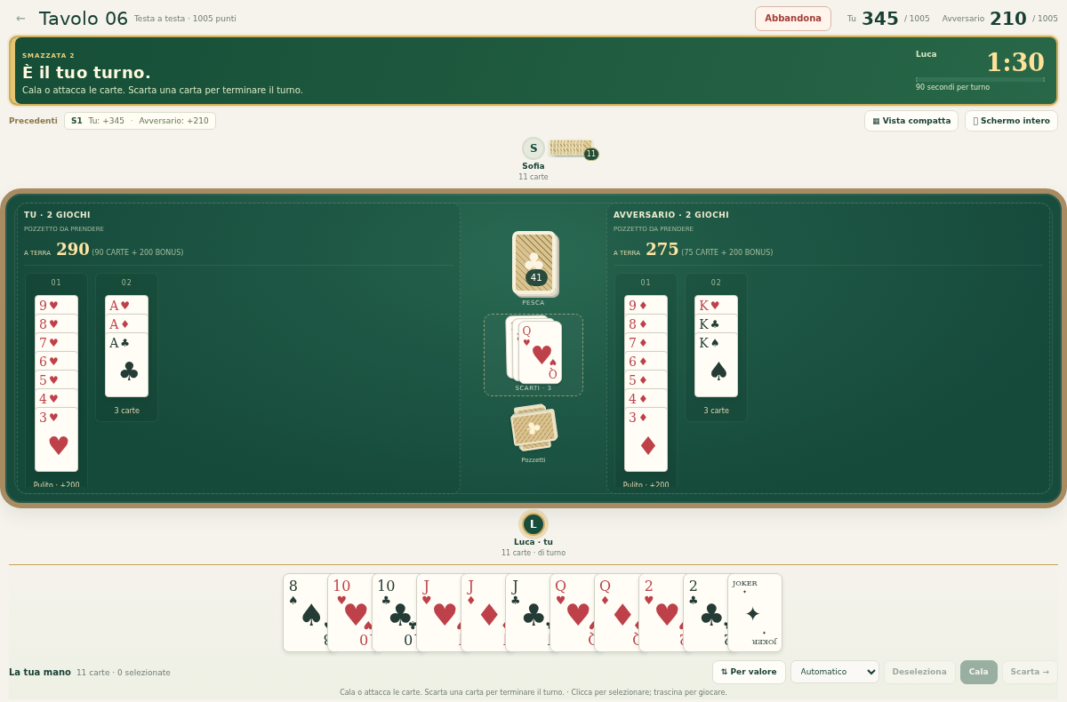 Anteprima del tavolo giocaburraco: giochi verticali, timer visibile, carte in mano e scarti al centro.